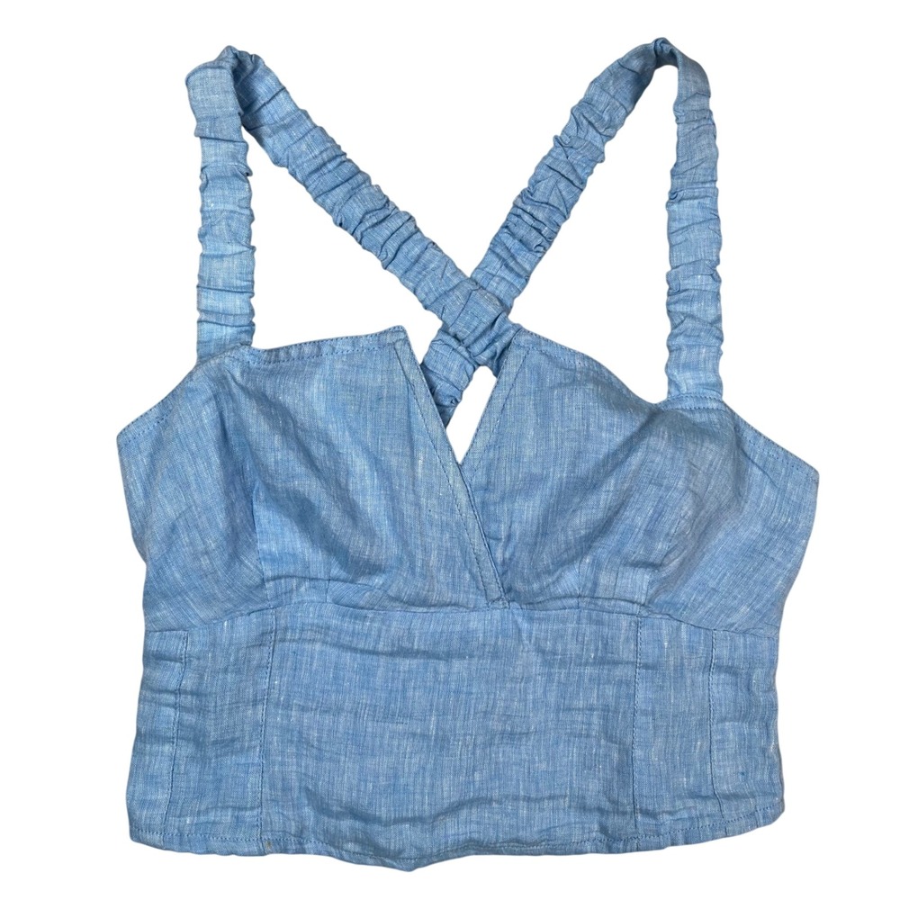 Anthropologie Linen Utility‎ Corset Crop Top Women XS Blue Smocked Festival Boho
